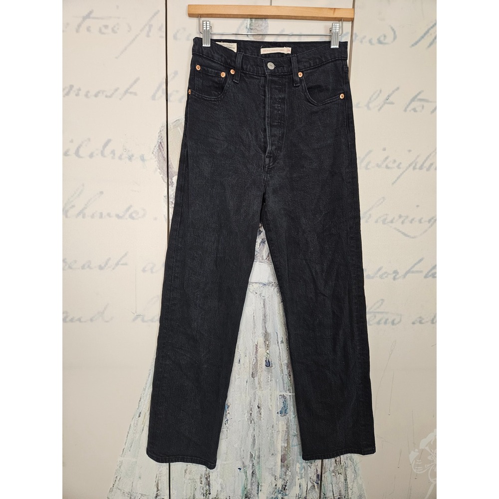 Levi's Ribcage Straight Ankle Jeans 26 Black Super High Rise Button Fly Denim
